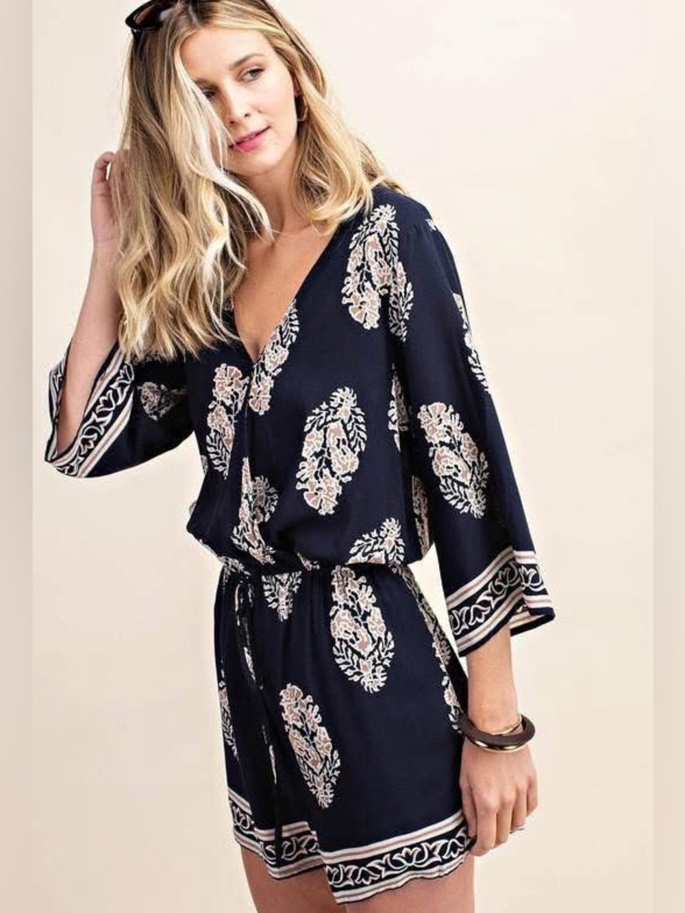 Kori Navy and Cream Floral V‑Neck Romper
